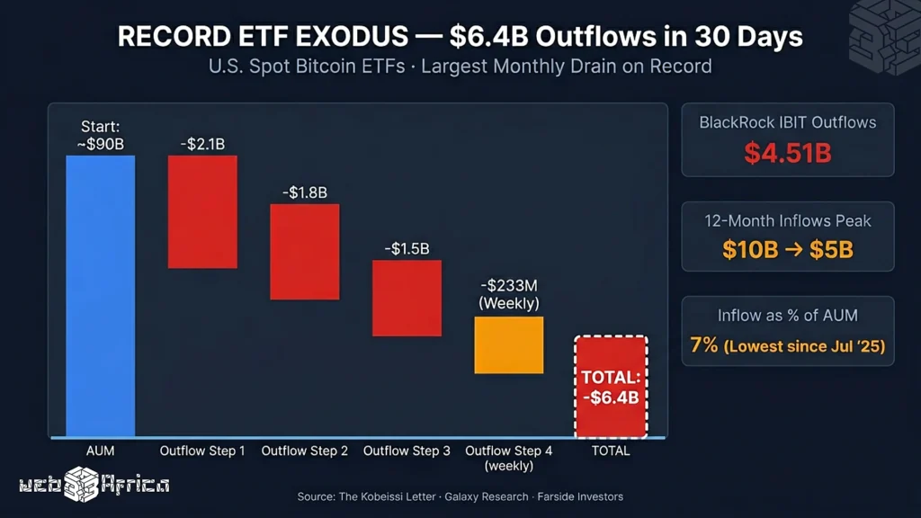 Bitcoin Is No Longer Crashing for Crypto Reasons 4 Waterfall chart illustrating record six-point-four billion dollar Bitcoin ETF outflows over a 30-day period, the largest monthly exodus since launch.