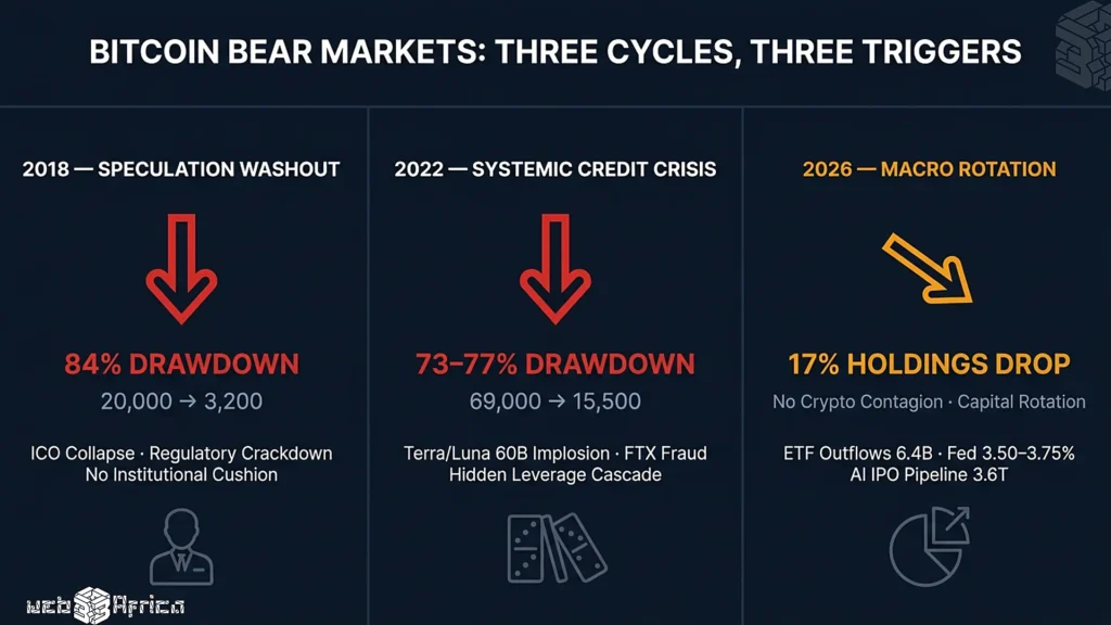 Bitcoin Is No Longer Crashing for Crypto Reasons 2 Bitcoin-market-cycles. Comparison chart of Bitcoin bear market cycles showing 2018 speculation crash at 84 percent, 2022 credit crisis at 77 percent, and 2026 macro rotation with 17 percent institutional holdings drop.