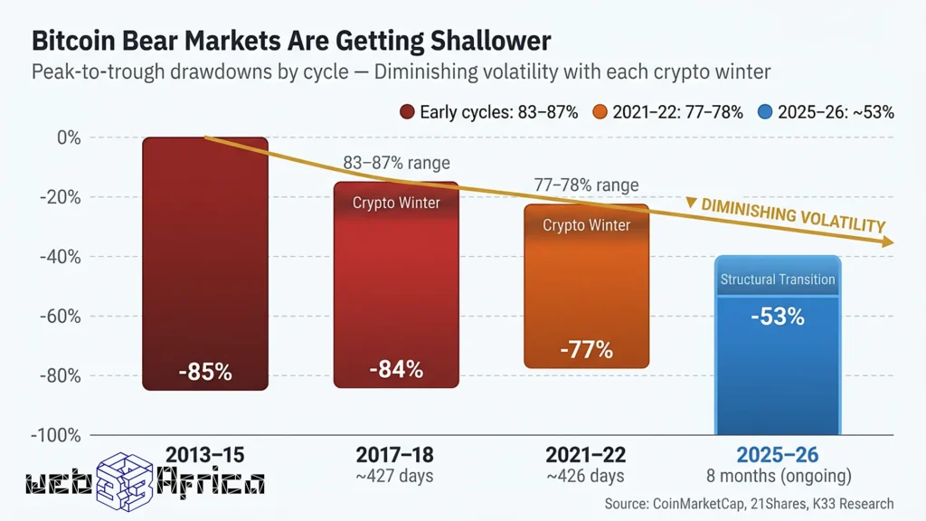 Rethinking the Crypto Bear Market Through the Lens of Institutional Flows 4 Bar chart showing Bitcoin ETF cumulative inflows at $58.72 billion and record $4.37 billion outflow streak during 2026 crypto winter.