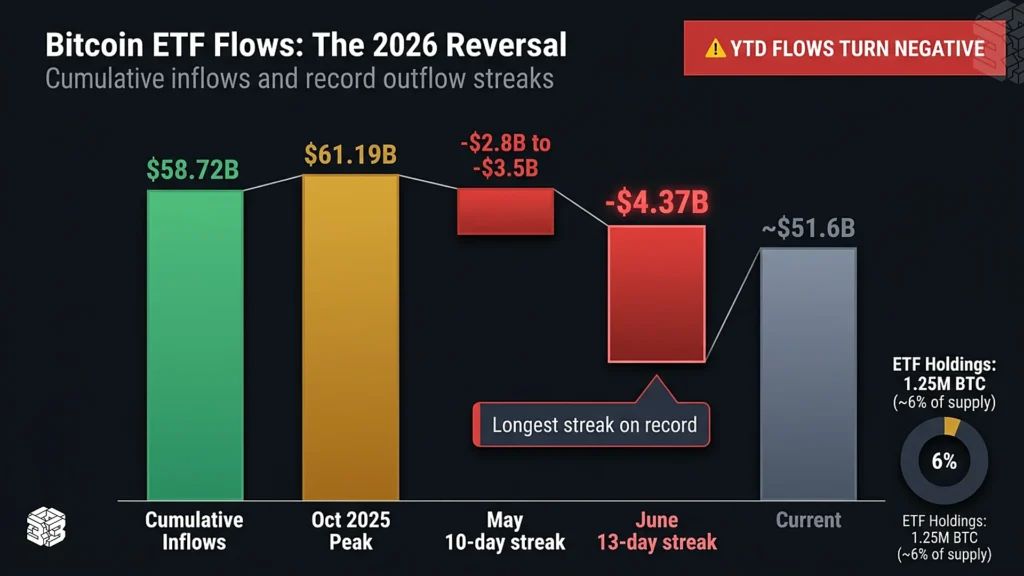 Rethinking the Crypto Bear Market Through the Lens of Institutional Flows 5 Comparison bar chart showing Bitcoin bear market drawdowns decreasing from 87% in 2018 to 53% in 2026 crypto winter.
