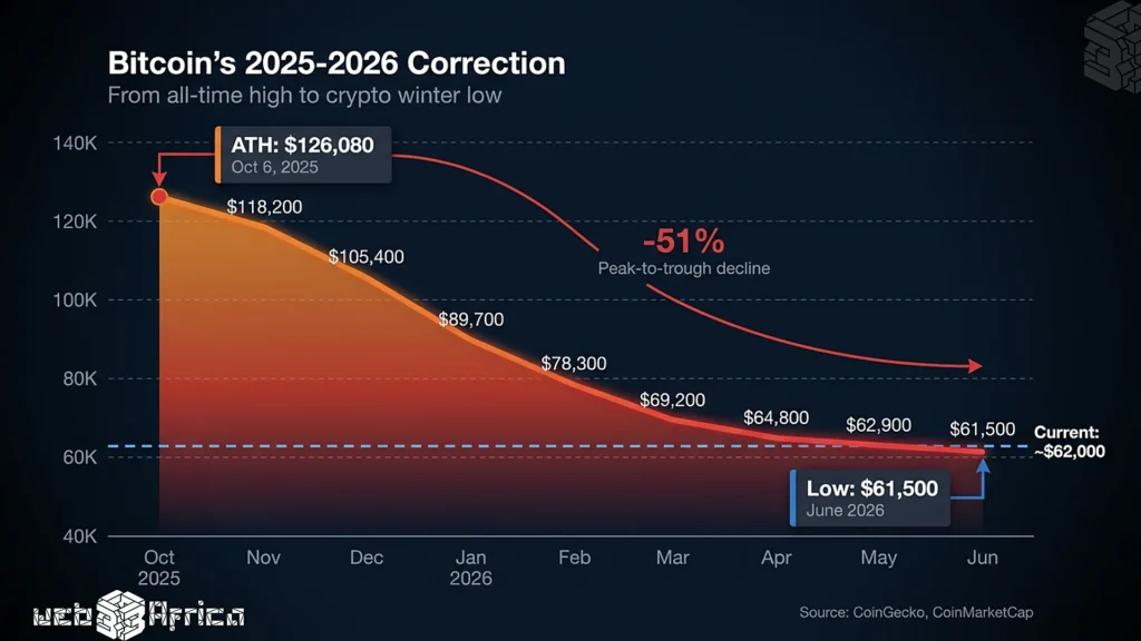 Rethinking the Crypto Bear Market Through the Lens of Institutional Flows 2 Bitcoin price chart showing 51% decline from October 2025 all-time high of $126,080 to June 2026 low of $61,500 amid crypto winter.