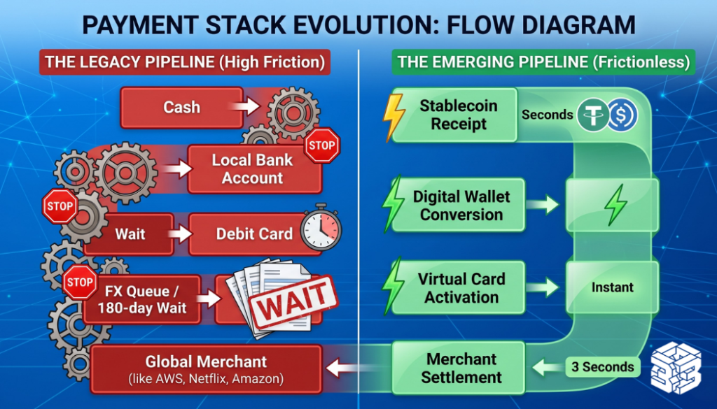 Why Payment Velocity is the Real Driver of GDP Growth 3 Flow diagram contrasting the high-friction legacy banking pipeline with the frictionless emerging pipeline of stablecoin wallets and virtual cards.