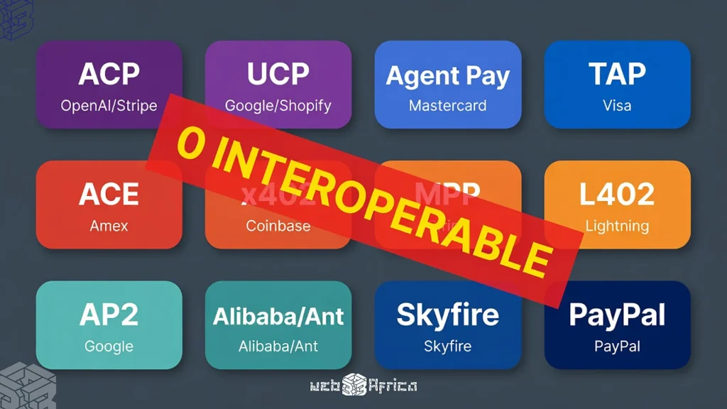Stylized grid of 12 protocol badges for AI payments, including ACP and Agent Pay, showing zero interoperability.