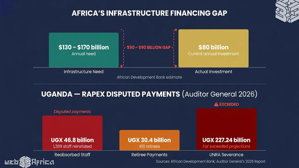 The Hard Truth About Blockchain and Government Transparency 2 Combined chart showing Africa's $50-90 billion annual infrastructure gap and Uganda's RAPEX disputed payments: UGX 46.8 billion to reabsorbed staff, UGX 30.4 billion to retirees, UGX 227.24 billion in UNRA severance.