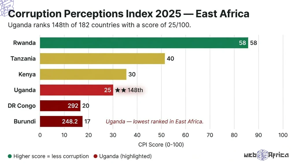 The Hard Truth About Blockchain and Government Transparency 5 Horizontal bar chart comparing 2025 Corruption Perceptions Index scores: Rwanda 58, Tanzania 40, Kenya 30, Uganda 25, DRC 20, Burundi 17.