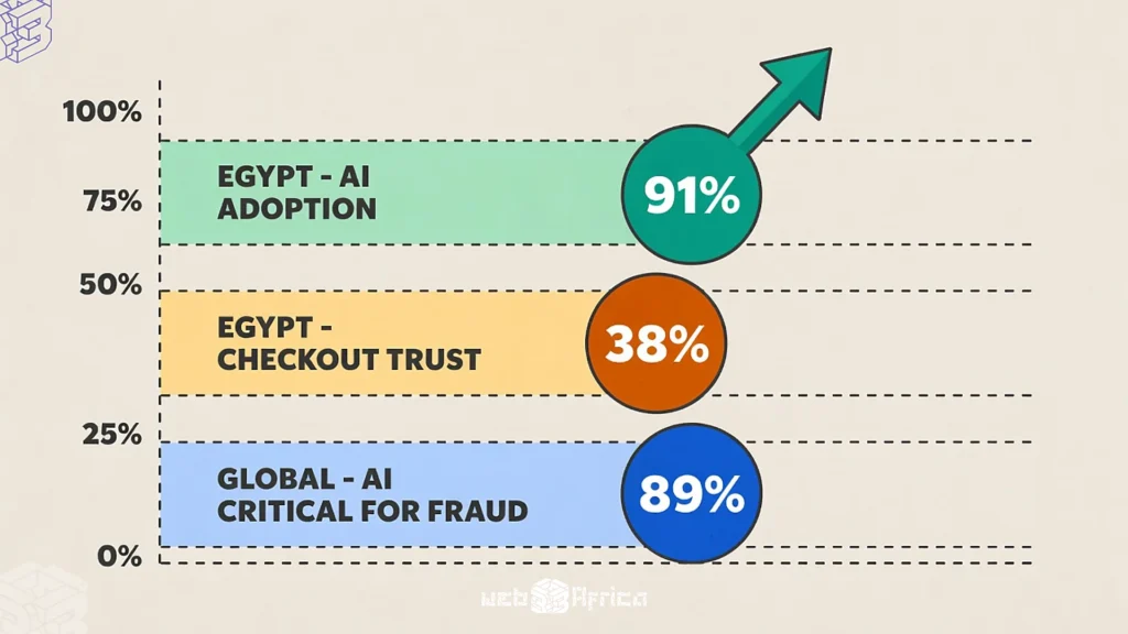 Stylized scoreboard for AI payments showing Egypt's 91 percent adoption, 38 percent checkout trust, and 89 percent global fraud protection belief.