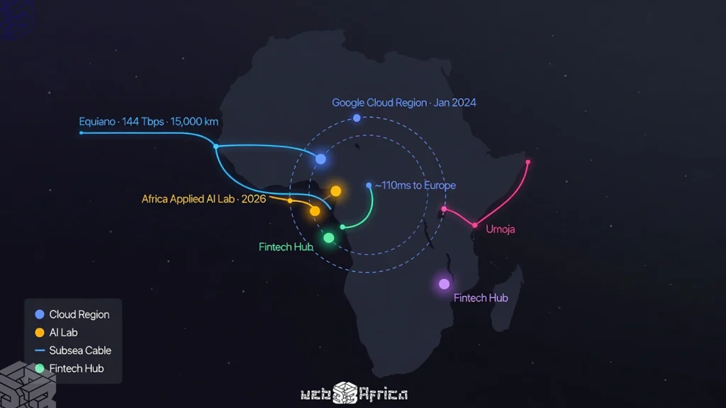 The Unseen Co-Founder Powering Africa’s Next Generation of Builders 4 Map of Africa showing Google Cloud Johannesburg region, Equiano and Umoja subsea cables, and Accra AI Lab
