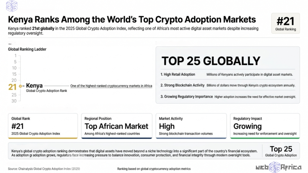 Editorial ranking infographic showing crypto enforcement in Kenya alongside the country's 21st-place position in the 2025 Global Crypto Adoption Index, highlighting its role as one of Africa's leading digital asset markets.