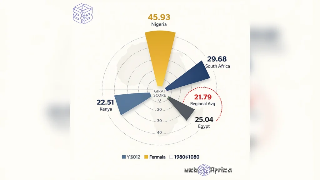 Radial polar area chart comparing African GIRAI scores with Nigeria at 45.93 extending far beyond South Africa at 29.68 and the regional average of 21.79