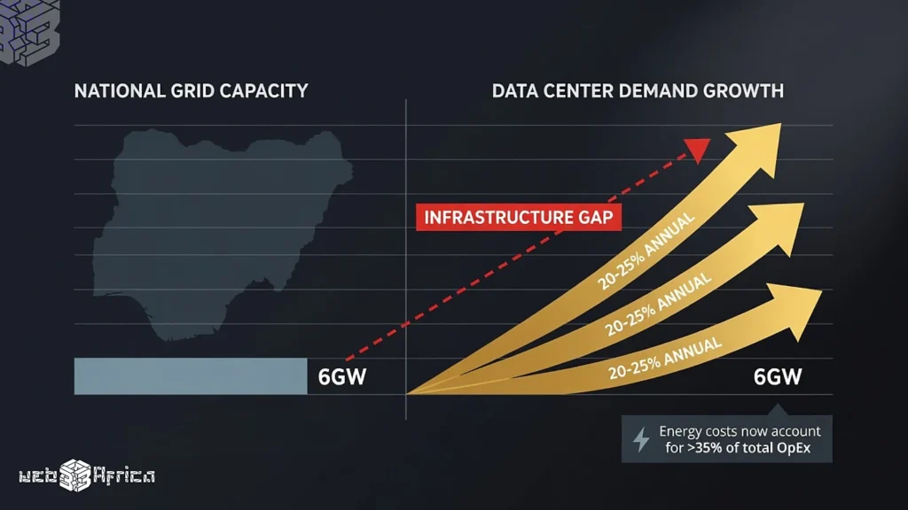 Diverging bar chart showing Nigeria's 6GW national grid capacity versus 20-25 percent annual data center demand growth with cost premium annotations