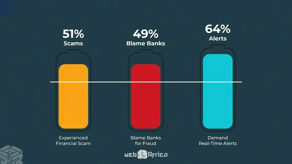 Stylized gauges for AI payments showing 51 percent scam rate, 49 percent bank blame, and 64 percent demand for real-time alerts in Nigeria.