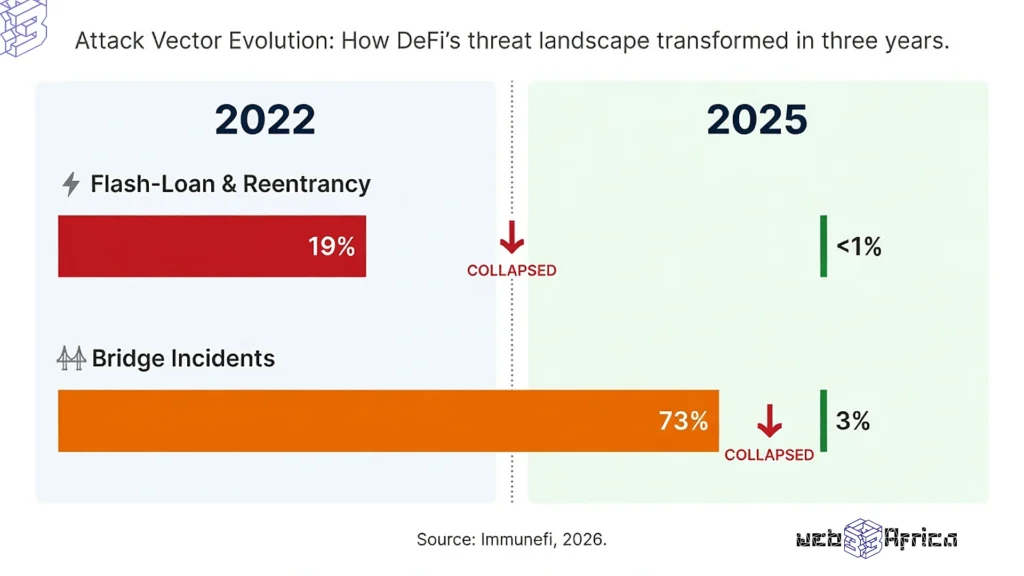 Side-by-side bar comparison showing flash loan attacks dropping from 19 percent to under 1 percent and bridge incidents falling from 73 percent to 3 percent between 2022 and 2025.