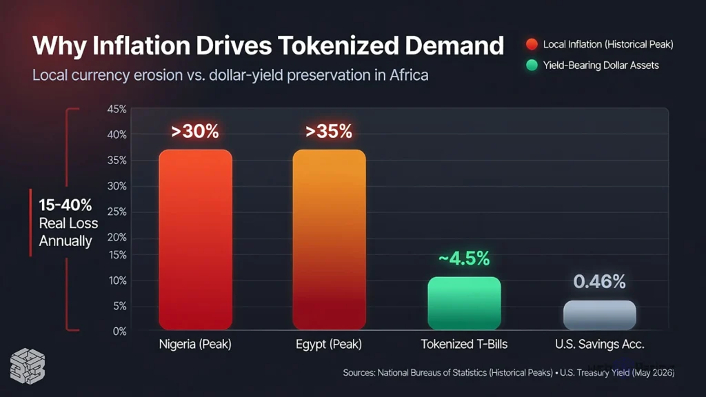 Comparison chart with smooth glassy bars showing Nigeria and Egypt inflation at over 30 percent versus tokenized Treasury bonds yielding 4.5 percent and US savings at 0.46 percent