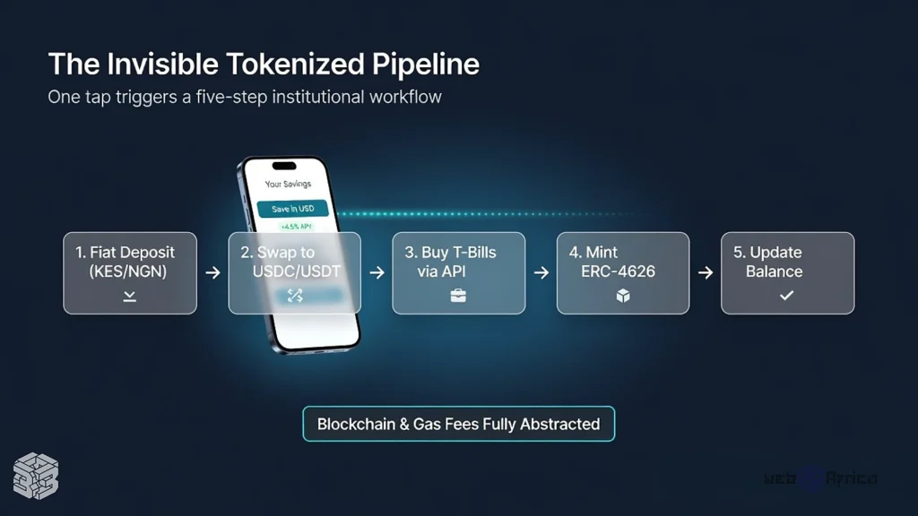 Unified dark dashboard showing a mobile phone with a Save in USD button connected to five horizontal glass cards detailing the backend steps: fiat deposit, stablecoin swap, treasury purchase, ERC-4626 minting, and balance update.