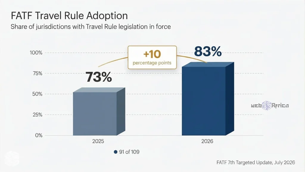 3D architectural bar chart comparing FATF Travel Rule adoption at 73% in 2025 versus 83% in 2026 across 109 jurisdictions.