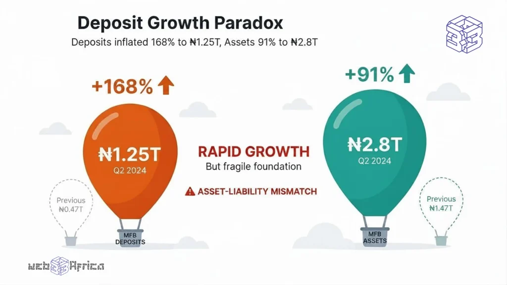 The Capital Squeeze Evaluating Credit Risk in Nigerian Fintech 2 Bar chart showing Nigerian microfinance bank deposits surging 168 percent to 1.25 trillion naira and assets growing 91 percent to 2.8 trillion naira in 2024.