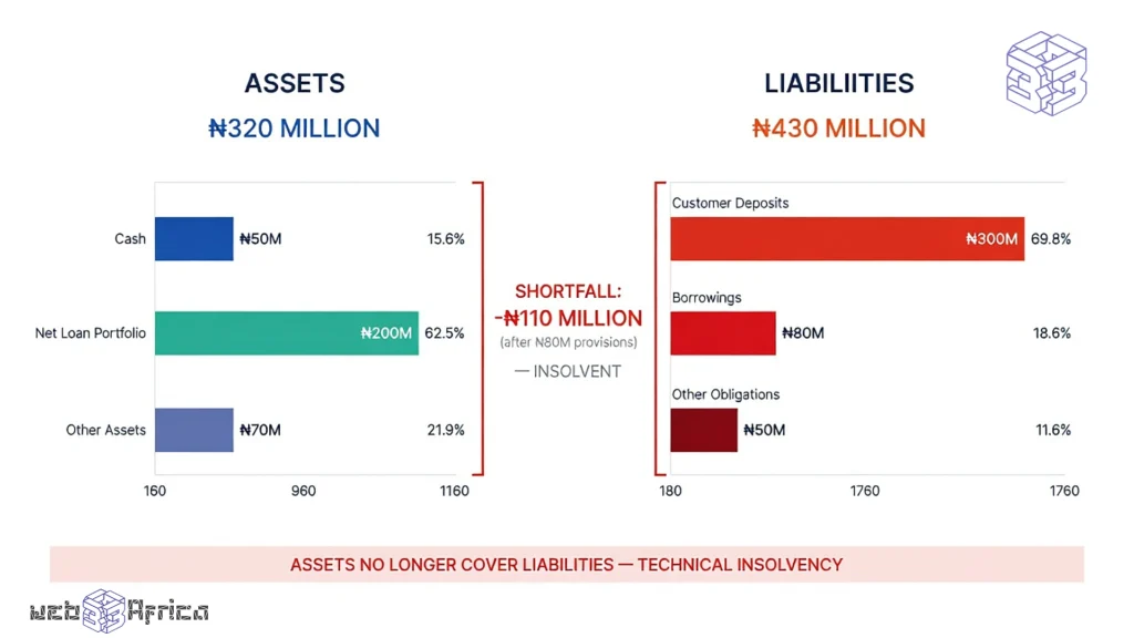 The Capital Squeeze Evaluating Credit Risk in Nigerian Fintech 4 Stacked bar chart comparing ₦320 million in assets against ₦430 million in liabilities for a distressed Nigerian microfinance bank, showing ₦110 million negative equity.