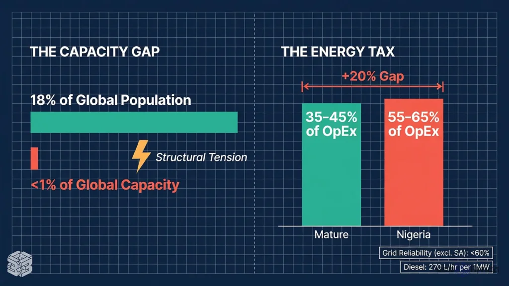 Blueprint-style chart comparing Africa's 18 percent population to less than 1 percent capacity, and energy operating costs of 55 to 65 percent versus 35 to 45 percent