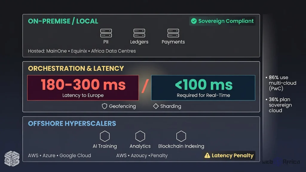 Glassmorphism tech diagram showing local storage layer, middleware latency bottleneck, and offshore compute layer with 86 percent multi-cloud adoption callout