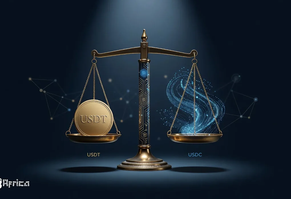 Symbolic image of two balanced scales with a large coin on one side representing USDT market cap and flowing transaction lines on the other representing USDC volume dominance.
