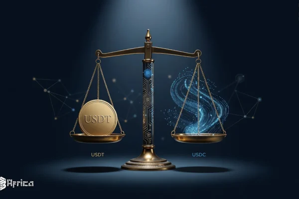 Symbolic image of two balanced scales with a large coin on one side representing USDT market cap and flowing transaction lines on the other representing USDC volume dominance.