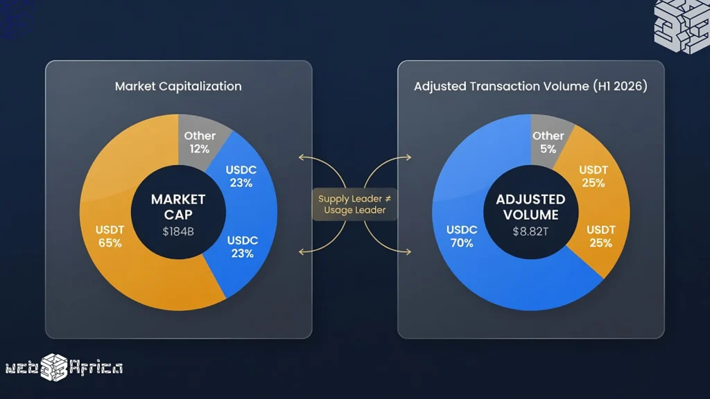 Measuring Stablecoin Adoption Beyond Market Capitalization 2 Split donut chart comparing stablecoin market cap and adjusted transaction volume showing USDC leads volume at 70 percent while USDT leads supply.