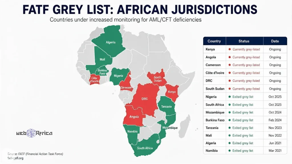 Africa's Fintech Future Is Built on Compliance Infrastructure 3 Map of Africa showing FATF grey list countries with Kenya highlighted and Nigeria South Africa marked as exited