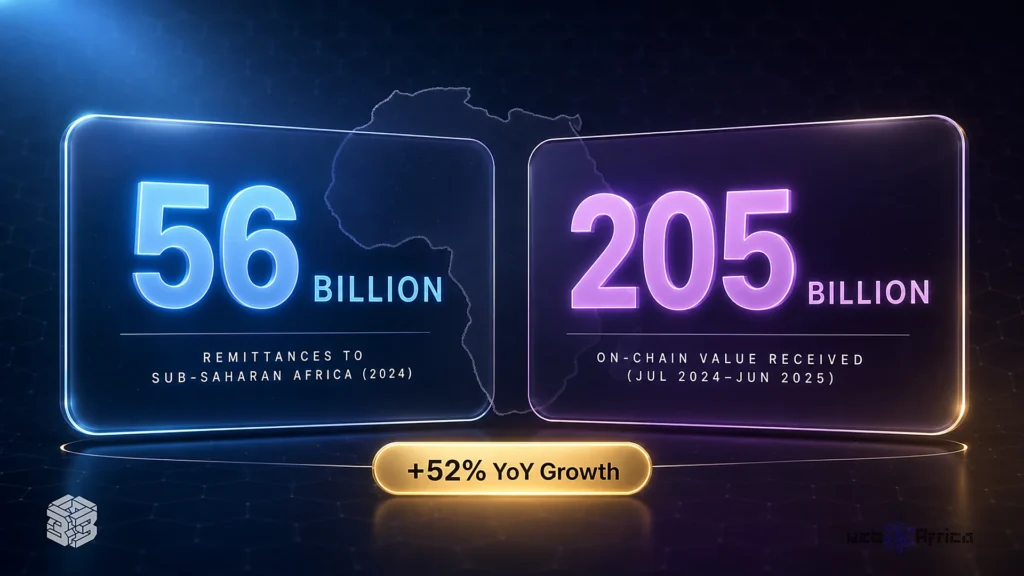 Inside the Race to Modernize African Money Movement 2 Data dashboard showing 56 billion dollars in remittances to Sub‑Saharan Africa in 2024 alongside 205 billion dollars in on‑chain crypto value
