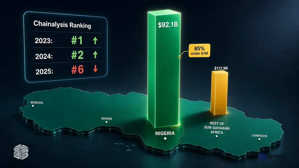 Inside the Race to Modernize African Money Movement 3 Data visualization showing Nigeria's 92.1 billion dollars in on‑chain value and sixth place global ranking in Chainalysis 2025 Crypto Adoption Index