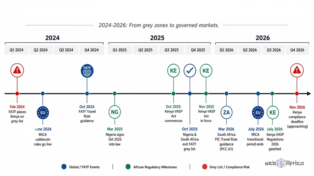 Africa's Fintech Future Is Built on Compliance Infrastructure 4 Horizontal timeline showing key 2025-2026 crypto regulations including FATF updates Nigeria ISA 2025 Kenya VASP Act and MiCA implementation