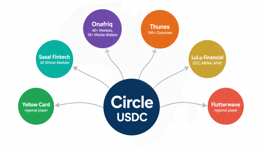 Network diagram showing Circle stablecoin payments and partnerships across Africa including Sasai Fintech, Onafriq, Thunes, and LuLu Financial.